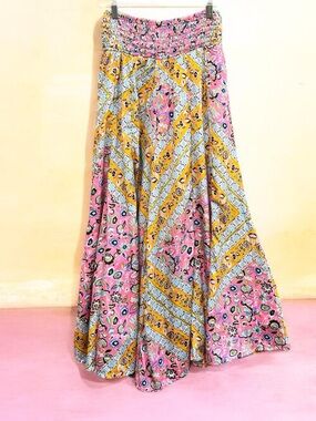 Bohemian Pink & Mustard flowy Pants  with Smocked Waist